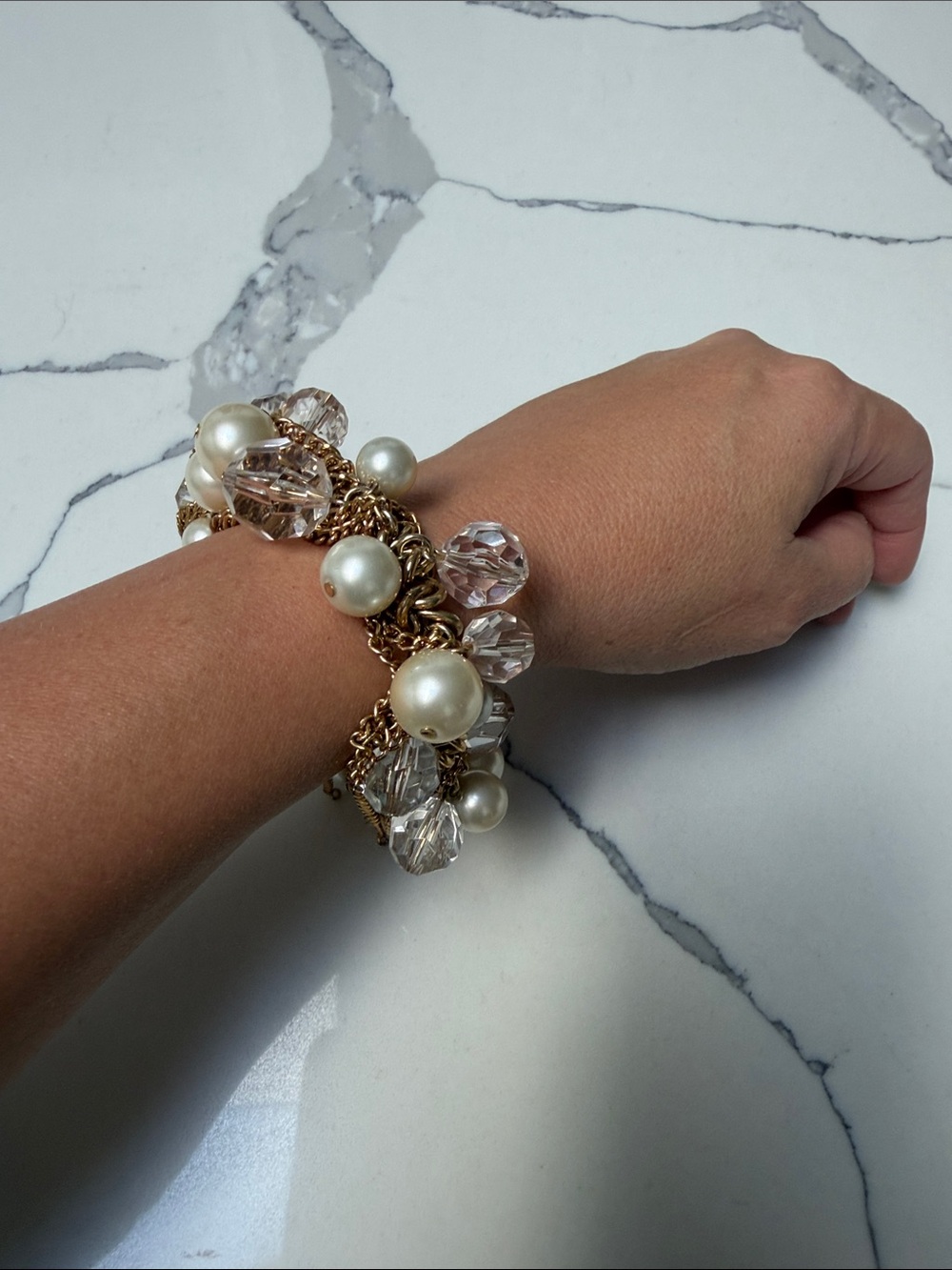 Gold Pearl and Crystal Cluster Bracelet - Women Jewelry